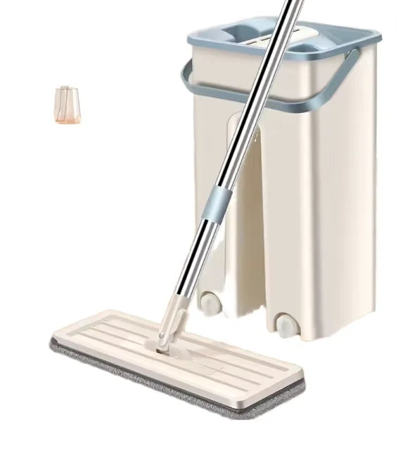 Professional Home Cleaning Set with Self-Mop Bucket Flat Sunshine Hand-Free Floor Head Shape Washable Microfiber Pads Steel Pole