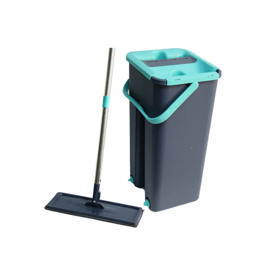 Professional Home Cleaning Set with Self-Mop Bucket Flat Sunshine Hand-Free Floor Head Shape Washable Microfiber Pads Steel Pole