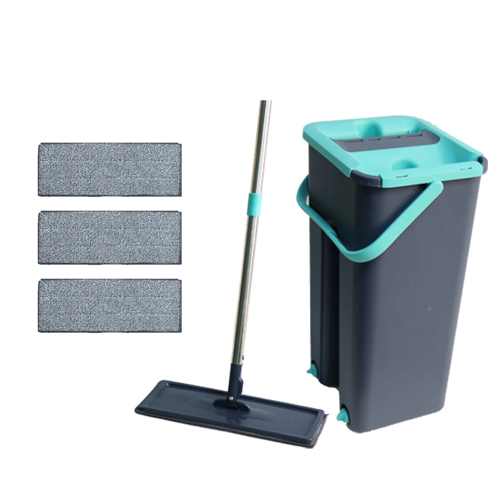 Professional Home Cleaning Set with Self-Mop Bucket Flat Sunshine Hand-Free Floor Head Shape Washable Microfiber Pads Steel Pole