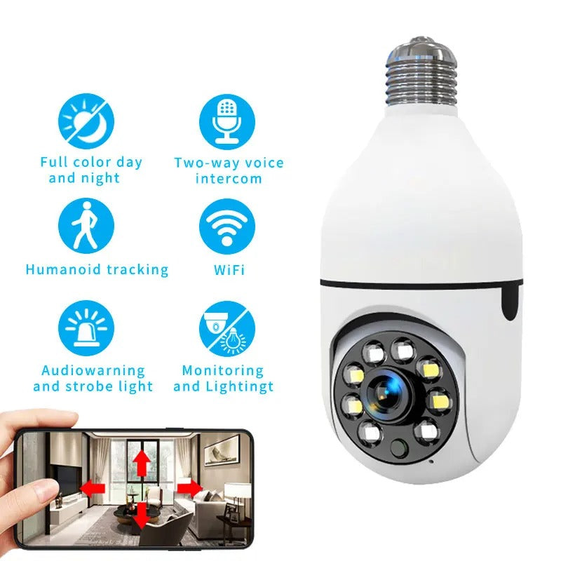 1080P WiFi Light Bulb Security Camera - 360° PTZ with Auto-Tracking & Night Vision