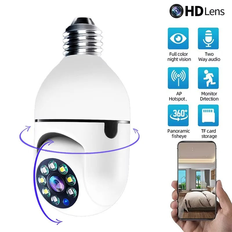 1080P WiFi Light Bulb Security Camera - 360° PTZ with Auto-Tracking & Night Vision