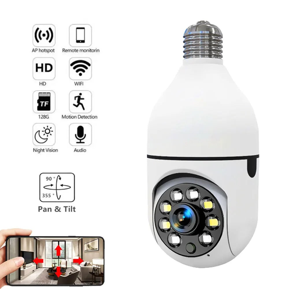 1080P WiFi Light Bulb Security Camera - 360° PTZ with Auto-Tracking & Night Vision