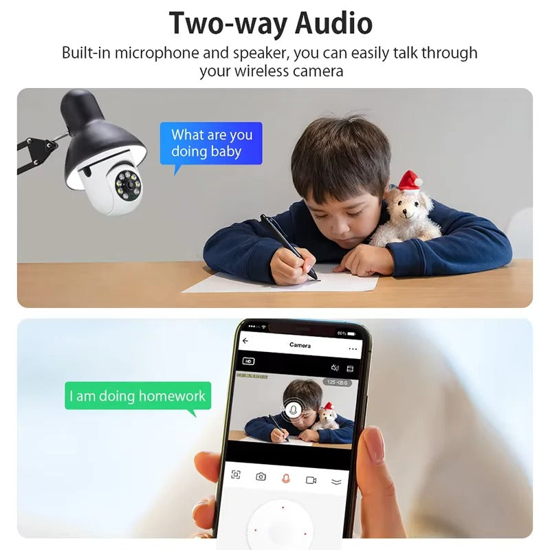 1080P WiFi Light Bulb Security Camera - 360° PTZ with Auto-Tracking & Night Vision