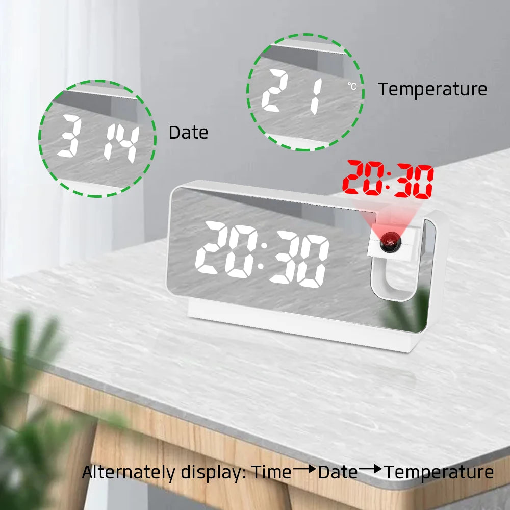 Digital Projection Alarm Clock - LED Mirror Display with Ceiling Time Projector