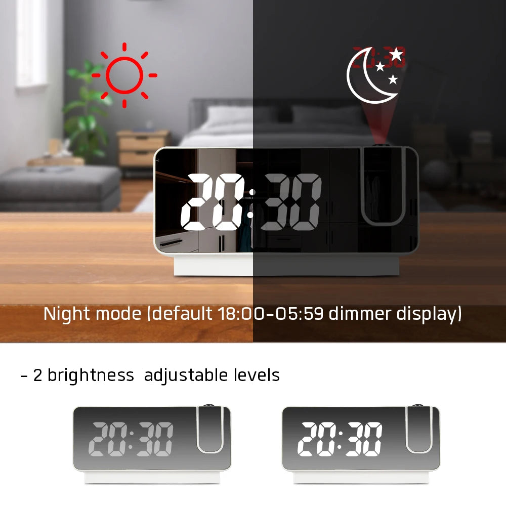 Digital Projection Alarm Clock - LED Mirror Display with Ceiling Time Projector